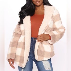 Women’s Fashion Nova Warm Wishes Plaid Sherpa Coat Taupe Size Large L